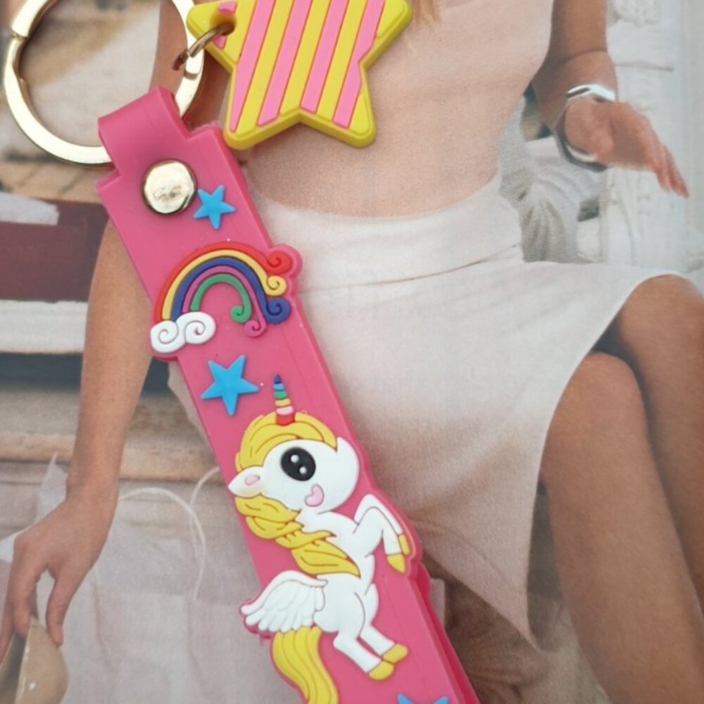 Pink Multi Color Unicorn Key Chain Keyring Wrist-let Handbag Pendant Accessory